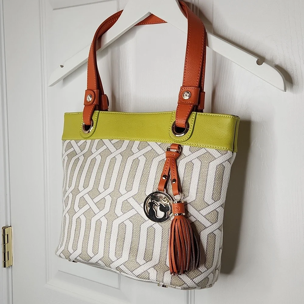 Spartina 449 Veranda Day tote shoulder purse lime green beige coastal leather - Picture 2 of 10